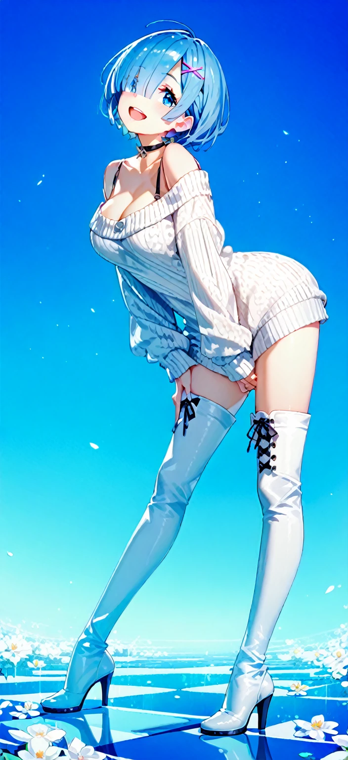 (a closeup:1.4)、(RAW Photography:1.2)、(Photorealsitic:1.4)、(masterpiece:1.3)、(top-quality:1.4)、dream-like、(A detailed eye)、(detailed facial features)、(detailed clothes features)、skin tightening、(shinny skin)、(Slender and beautiful girl)、(Beautiful leg lines)、one girls、(full body camera in focus)、solo、cute little、Happy smiling face、(huge-breasted, hard nipples)、bangss、Short Bob、A dark-haired、Black eye、Long Scarf、long court、White wool sweater、a miniskirt、Black thick pantyhose、Snow boots、beautiful thigh、big breasts thin waist、Sexy legs