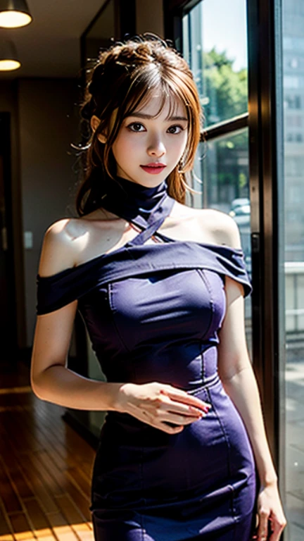 masterpiece, best quality, Very detailed, 8K, Practical, Soft Focus, Attention to detail, Delicate face, Double eyelids, A girl, Solitary, Beautiful Skin, Real human skin, whole body, Incredibly beautiful proportions、10 Head and body,beautiful firm breasts, Beautiful cleavage, Mature body, 18 year old girl, beautiful girl, Japanese Idol, (French Braid:1.3), Brown hair, Wear layers of clothing, rest, (Purple high-neck off-shoulder sleeveless long dress:1.3), rest, White fur trim on chest, Standing,  Venue atmosphere lighting, Charming smile, Model pose, Browsing warnings