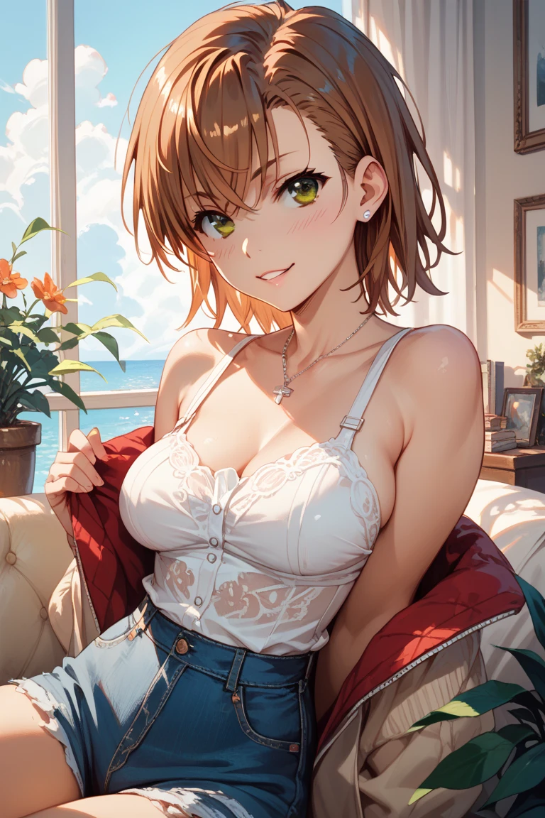 CG, Unity, 8K, wallpaper, Highest quality, masterpiece, Amami Haruka, (smile: 1.2), Sit on the sofa, ((Open your legs wide))、Yellow Camisole BREAK Denim Shorts, barefoot, Thighs, Best lighting, Complex pupil, Complex weaving, Detailed Background, Japanese countryside scenery,