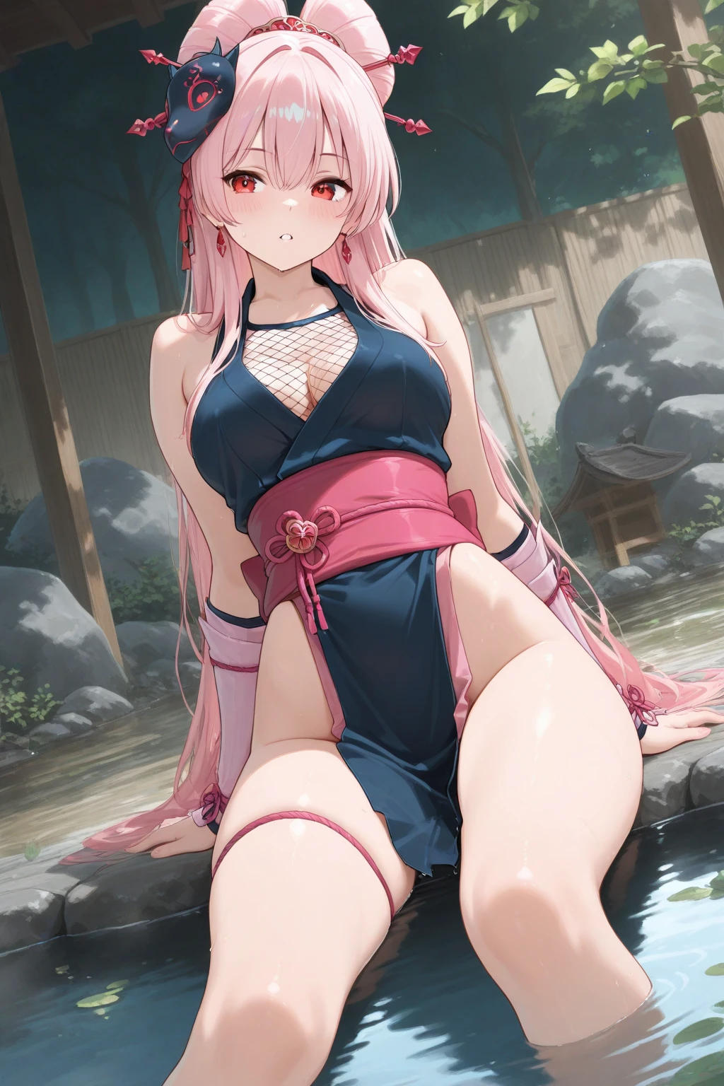masterpiece, best quality, beautiful art, high resolution, well formed hands, body and fingers, 1 woman, solo, Stella Vermillion, grown up, adult, big breasted, cleavage, full body, cosplaying as Mai Shiranui, long hair , hair ribbon, gorgeous legs and thighs, ryona , in peril, , defeated , knocked out, passed out, unconscious, closed eyes, laying down on the sand, exposed extended body, sexy defeated pose, sexy smirk on her face, showing vulnerability and helplessness, defeat  and KO scene, martial arts tournament on the beach 