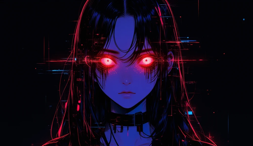 anime girl with blue hair and red eyes standing in front of a building, with red glowing eyes, anime cyberpunk art, anime style 4 k, epic anime style, badass anime 8 k, digital cyberpunk anime art, with glowing red eyes, digital cyberpunk - anime art, 4k anime wallpaper, gothic maiden anime girl, nightcore, demon anime girl, cyberpunk anime art