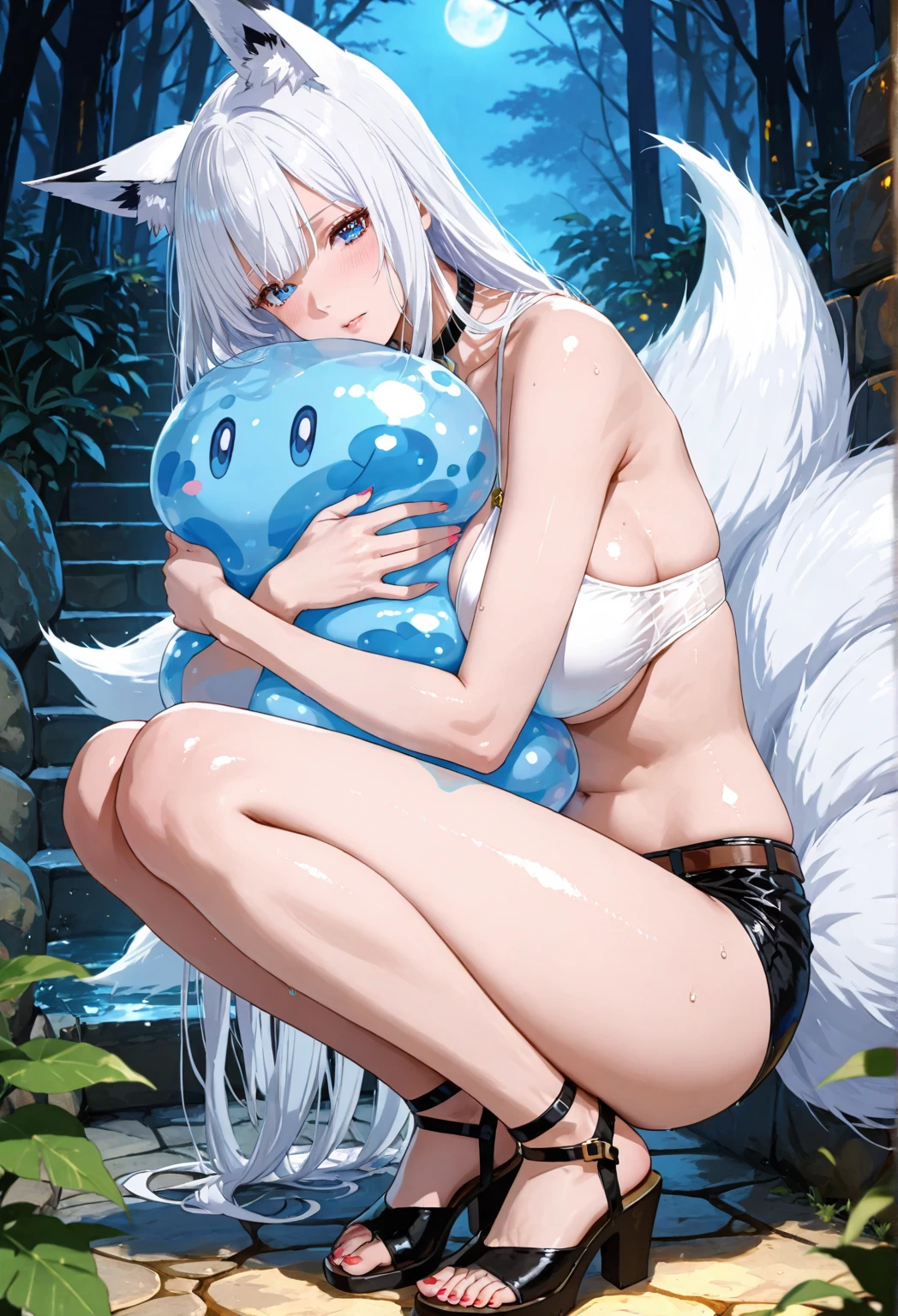 (hot spring), good anatomy, (close to viewer), ((2 girls, sex, hugs, eye_contact), blush, shy, sexy, nipples, mature female, huge breasts, kneeling, spread legs, fox ears, heterochromia, long hair, hair between eyes, ((pale skin)), (shiny skin)), ((naked, barefoot, bare_legs)), ((futanari, (large penis), oral, masturbation, ejaculation))