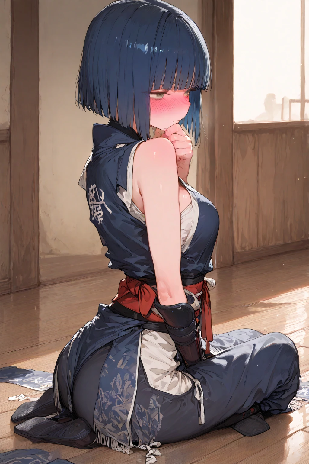 (masterpiece, best quality, photorealistic, cinematic, ultra-detailed), wide shot, full body, (((from above))), ((crouching)), perfect anatomy, perfect eyes, perfect hands, ((large cleavage)), long round legs, round ass, 1 girl, blue hair, ((slightly voluptuous)), (((her body is fully but randomly and tightly wrapped in very thin linen bandages, red and white bandages))), (((dimly lit empty room background in concrete floors, concrete wall without windows))), (((hands lean backward)))