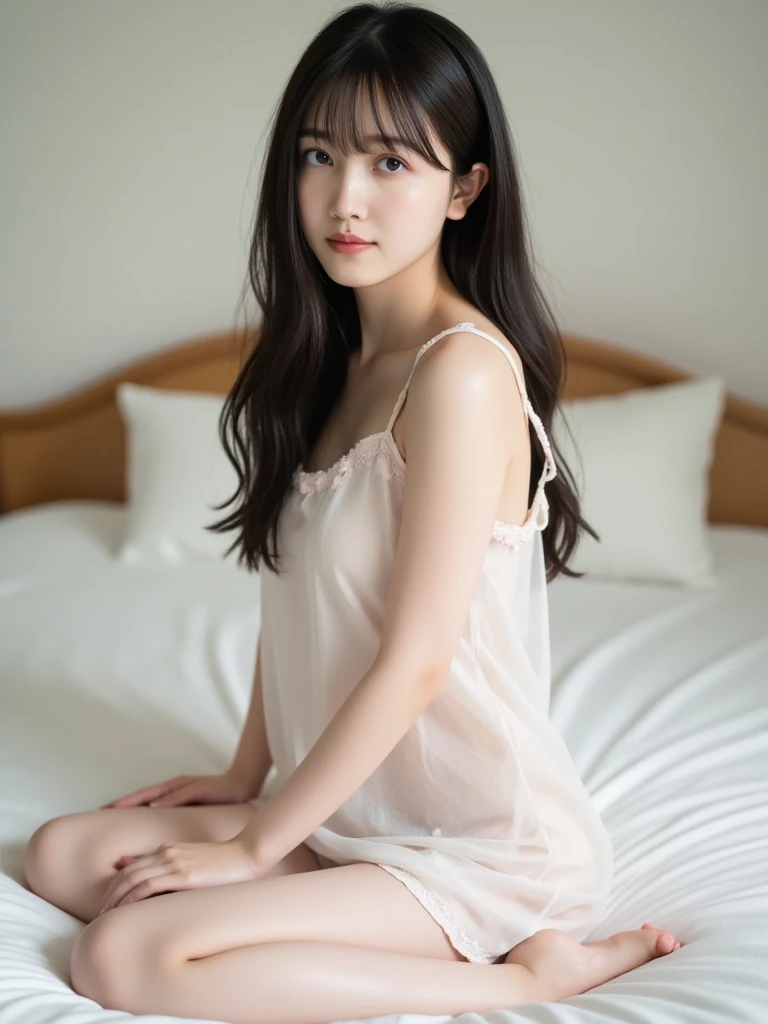 A Japanese girl in her 20s with long black hair、Cute nightgown、Sitting on the bed