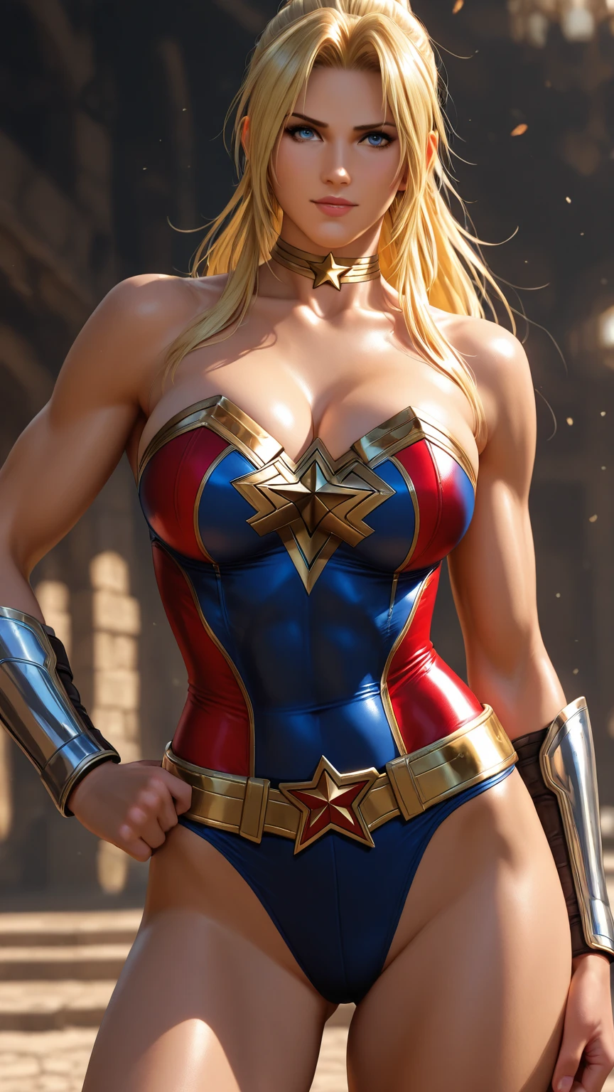 Nordic blonde woman bodybuilder with very large calves very beautiful resemblance to Katheryn Winnick dressed as Wonder Woman with very huge breasts showing her gigantic strength