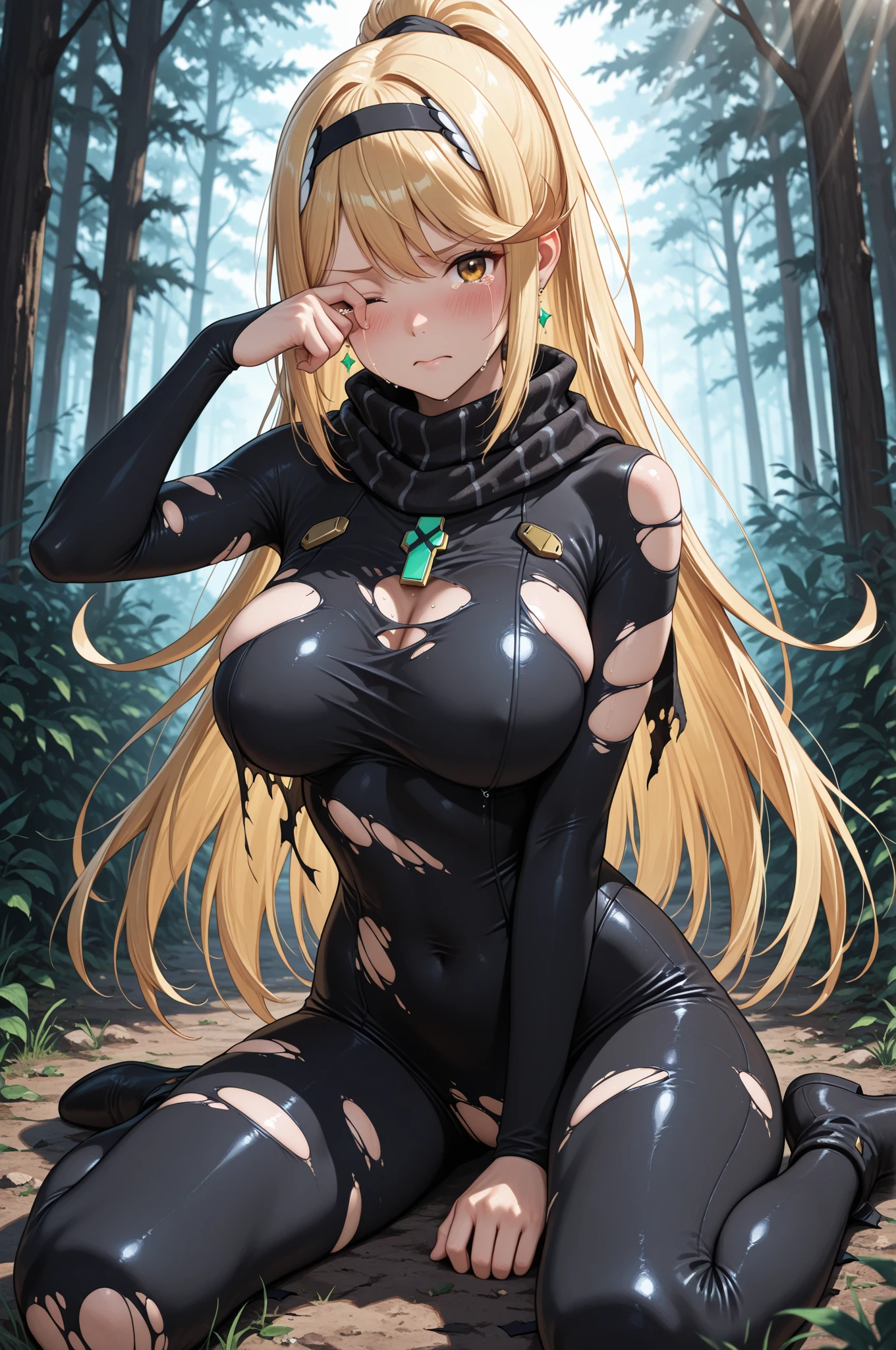 (depict girl surrounded by vines, long blond hair, straight hair), forest, small breasts, shy, (((bondage))), (((gag))), (bound with natural vines), (arms behind back), plants vines around chest), (Masterpiece, Excellent, complex details), delicate girl, delicate face