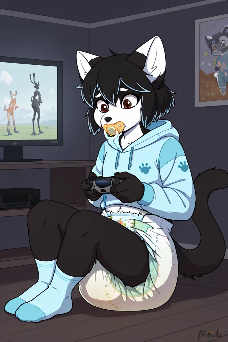 Blue cat, laboratory setting, robotic cat, paws are showing, he has no clothes, his mask has broken details, bulge, he is sitting, he has his tongue out doing an ahegao, has his hand in the middle of his leg, bulge, long dark gray sweatshirt, medium brown shorts, blue eyes, with your hand on your bulge.
