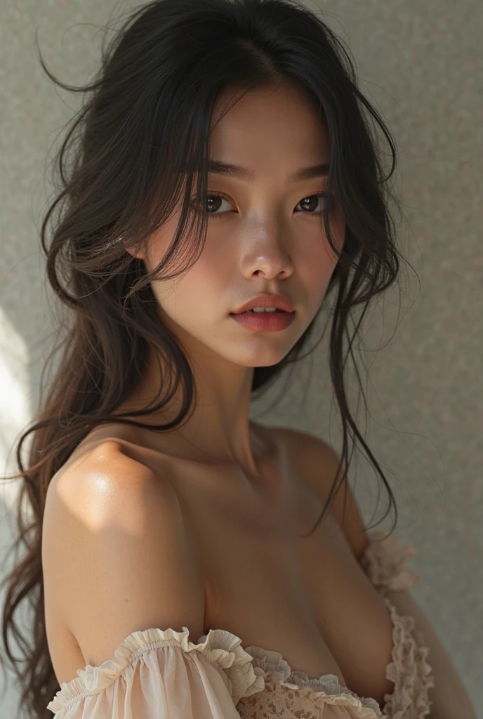 Editorial photography,Super detailed background,super realistic,double exposure,depth of field,beauty super slim skinny fluids,soft focus tone,Narrative scene,acrylic paint,,full body shot,from below,Wabi-sabi,very long straight brunette hair, portrait facing the camera close up