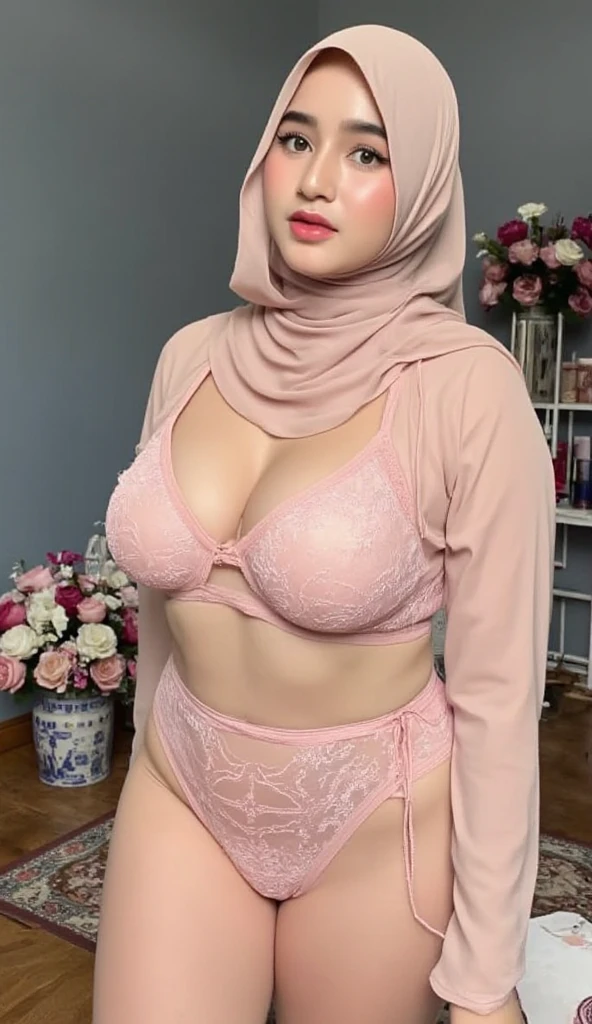 Raw, best quality, masterpiece, Ultra-realistic, ultra-detailed, Malay girl in maroon hijab, holding big Holy Book, moaning deliciousness face, super sweat body, wearing pink lace bra, full body,  big breasts, plump body,  thick body, portrait photography, mid shot photo, ultra detail, professional photograph with professional lighting, smile, pink and red studio background, sexy seducing pose, sticking body, watching from behind 