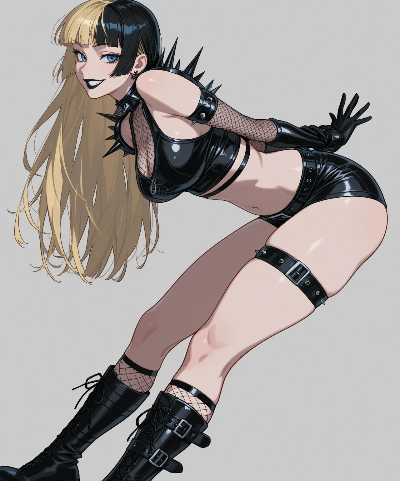 black pencil skirt, black long sleeve top, only the navel,Put your hands behind your back,restraints, blonde hair, Very long hair, straight hair, Cute, slender body, thin legs, Black thigh high stockings, Nylon stockings, hands in black leather handcuffs, hands, connected in a chain, amrs togather, masochistic, whole body, on the knees, leather handcuffs, tattoo on the legs, large collar around the neck, 18 years, long eyelashes, mascara, cute face, bent over, top down bottom up, arms behind back, kneeling, submissive look 