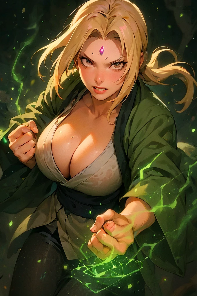 Tsunade, a powerful and experienced shinobi, stands tall with an air of confidence. Her striking features include captivating blue eyes that shimmer with determination and long, luscious golden hair cascading down her back. She possesses a well-toned physique that accentuates her strength, showcasing her expertise in combat. Tsunade wears her iconic green robe, adorned with the symbol of her village, symbolizing her dedication to protecting those she holds dear. As the sun's gentle rays touch her face, her serene expression reflects the wisdom and resilience that lie within her. In her hands, she holds a scroll, signifying her profound knowledge and mastery of various jutsu techniques. Tsunade's presence exudes a powerful aura that commands respect
