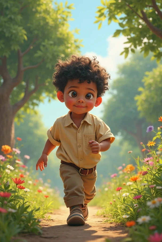 Make a picture of a boy with an oval head. It was a black skin and was hugging a nearby tree.In the rubber plantation.student hair style