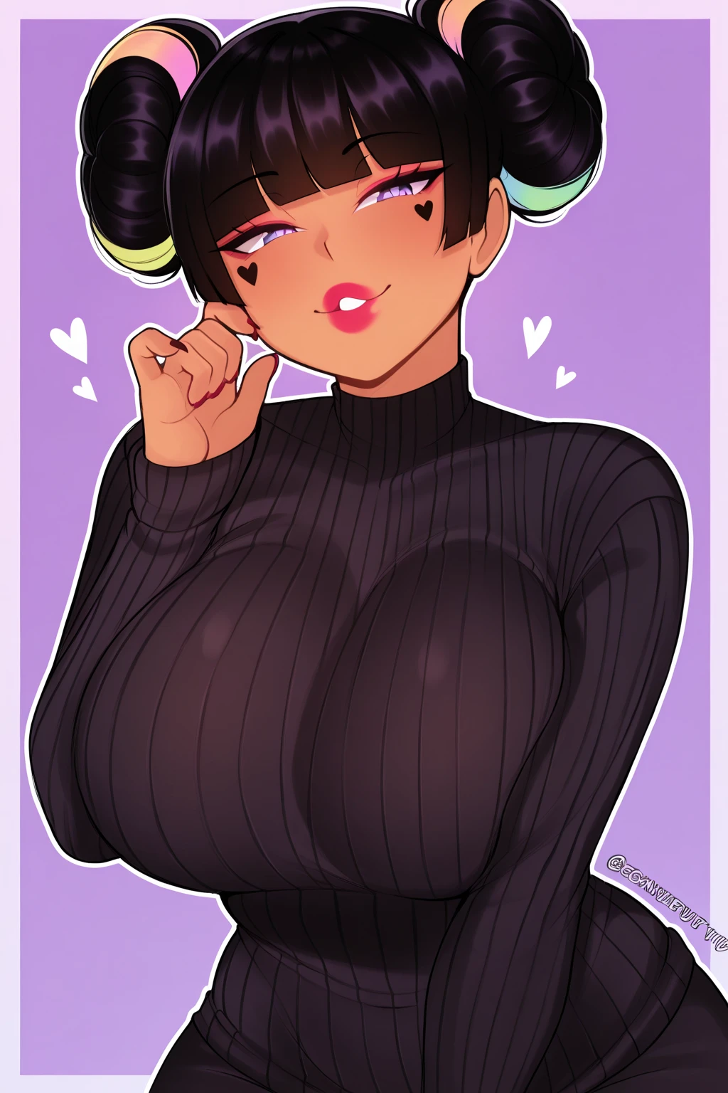 score_9, score_8_up, score_7_up, score_6_up, score_5_up, score_4_up,
BREAK
1girl, (black hair:1.1), streaked hair, mint green streaks, double bun, skull hair ornament, mint green eyes, black pupils, blunt bangs, black lips, thick lips, long eyelashes, black eyeshadow, blush, black collar, mole under mouth, nose blush, ear blush,
BREAK
solo, cowboy shot, black thong, huge breasts, thick thighs, thigh gap, steam, sagging breasts, black tube top, strapless, sleeveless, breast lift,
BREAK
black background, dynamic pose, dynamic angle, angled shot,