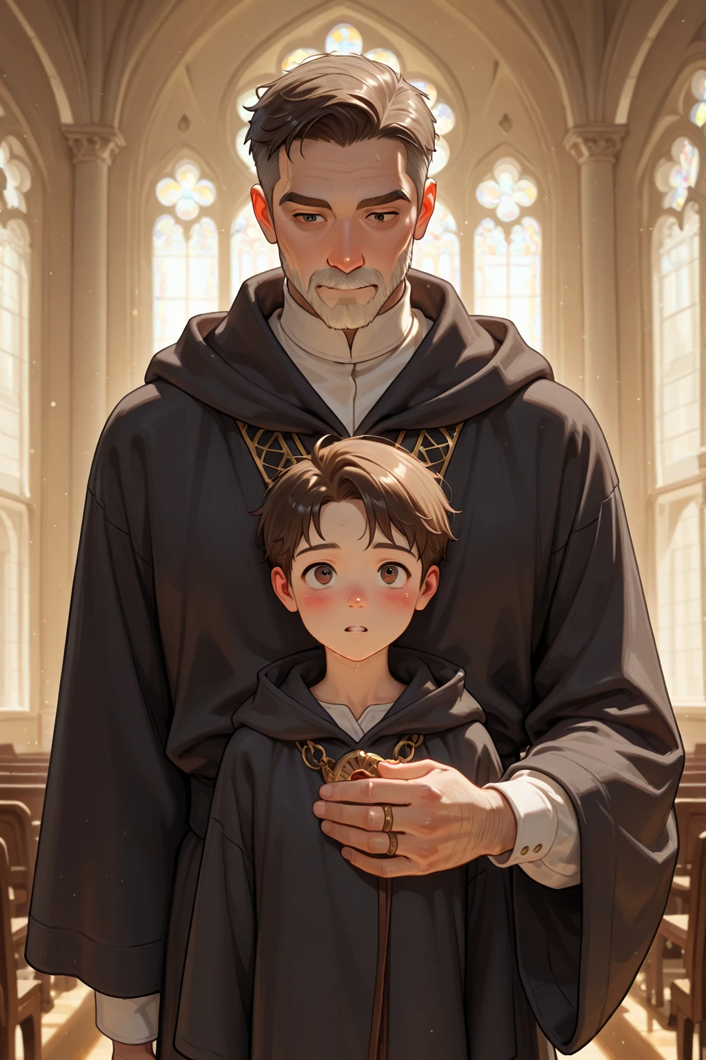 A young man, clerical robes, aura of holiness, wearing a brown Franciscan habit, holding a baby in his arms, looking at the baby, eyes staring at the baby, jar of lily flowers, an open book, levas, bread on the table.