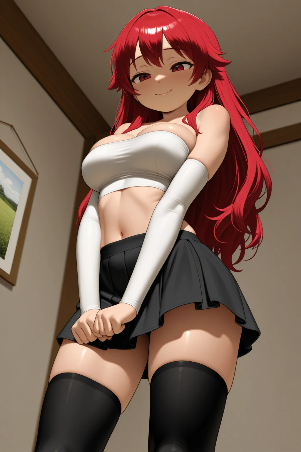((masterpiece,best quality anime,Highest quality:1.3)),realistic,cowboy shot,(30 year old beauty),gunslinger,1woman,solo,((very small head:1.4)),((very long body:1.3)),(red hair),bangs,straight long hair,gorgeous big eyes,brown eyes,smile,((Denim mini skirt))、(Black collared shirt、No sleeve、navel、 black_thighhighs),((slender body:1.3,skinny)),small breasts,gleaming skin,shiny skin,western town、The World of Westerns、