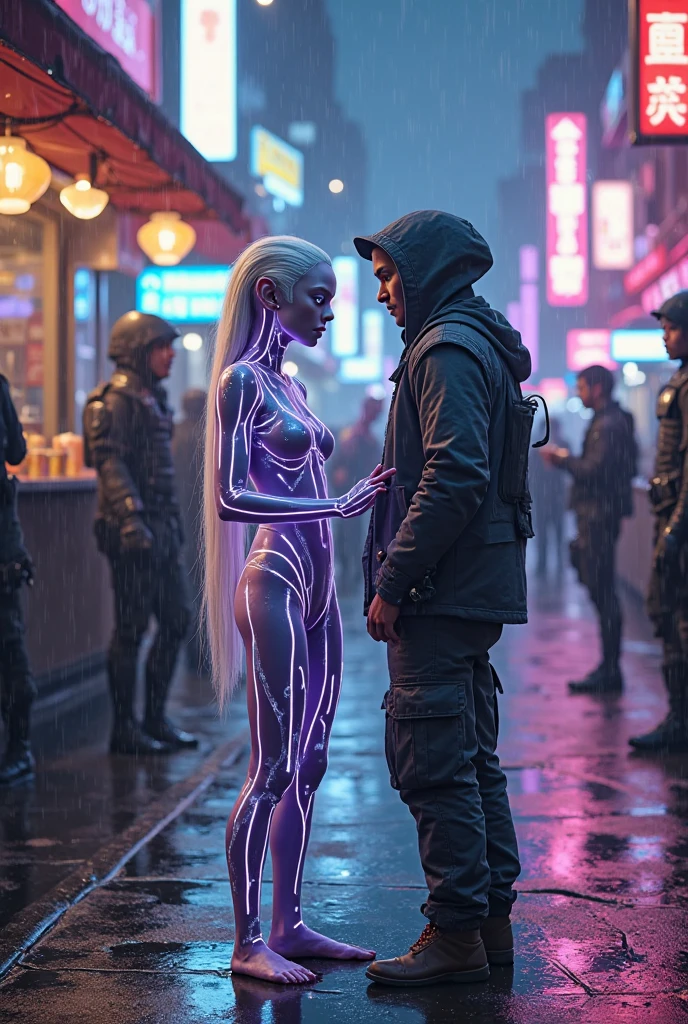 cyberpunk aesthetic, light eyes, cybernetic hombre (pale skin:1.9), detailed face, good texture, strong shadows, bright, little , Skinny, Transparent clothing, idiot, seeking out, energetic pose, dynamic poses, athletic, 8k, fangs, detailed, tattooed, direct dark light, street background, balcony, light neon, of colors, evening, wet clothes, mechanical arm, wet, fiber muscles, large eyes, great quality, jewelry, purple filter, wet underwear, direct neon, light, focus face, rosa, Hair, Cyberpunk 2077, Edgerunners, Rewarded accommodation, gothic legs, lasers.