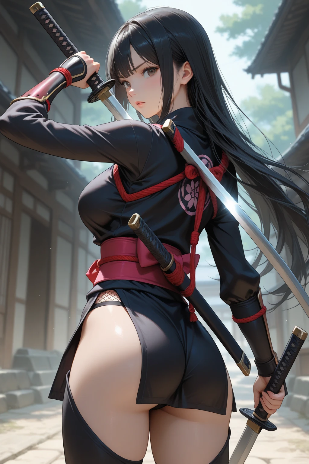 Anime style, clareiraede floresta, female sexy ninjas women treinando ninja weapons, shuriken, elas usam roupas ninjas com decotes, seios pequeninos, Legs on display, corpo escultural, mask and hair in the wind, katanas , nunchako, evening