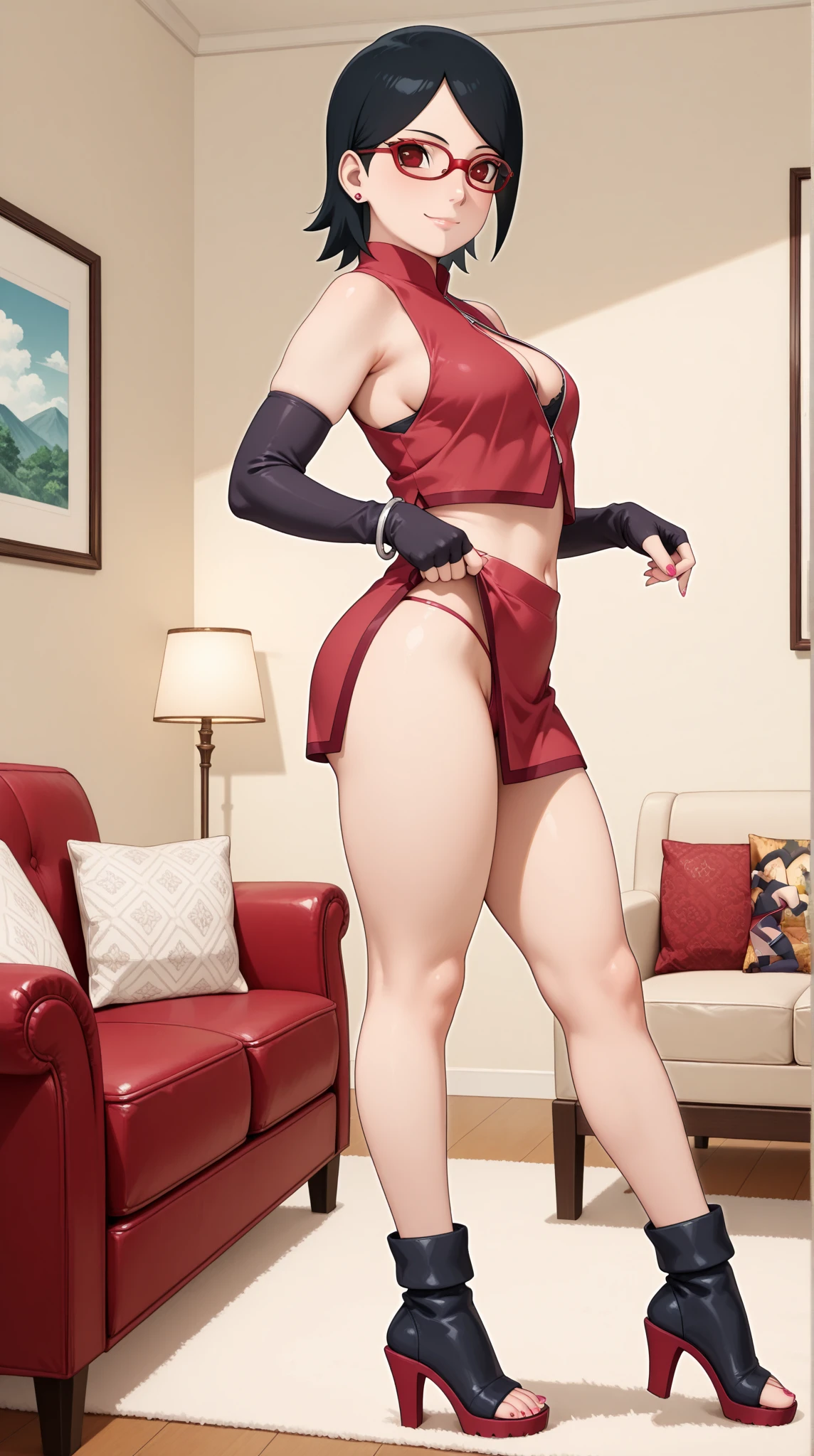 Masterpiece, High definition, High quality, Detailed face, detailed body rendering, 1fille, seulement, Sararada Uchiha, Sarada sleeveless clothing,room,, chemise sans manches, fishnet garment, dark lips, unzipped jacket, Pas de soutien-gorge, seins sortis, debout, rougir, (dans la chambre), meilleure resolution, NSFW (en anglais seulement)