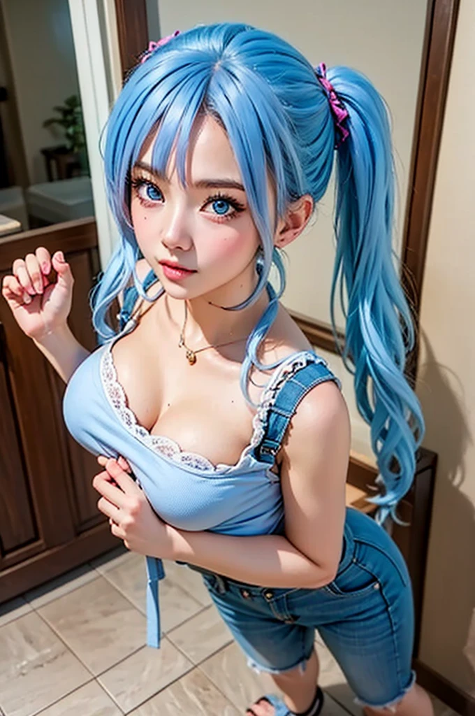(high angle,from above,cleavage),((masterpiece, highest resolution,best quality)), (beautiful illustration),((Kamisato Ayaka in Genshin Impact)), ((semi long beautiful silver blue hair,blunt bangs,pony tail,beautiful blue eyes)),(solo),(beautiful elegant office blouse and black skirt),(looking at the viewer), (walking around the shopping mall),innocent smile,(white over-kneehighs,Lace chalker, wristband, fingerless gloves, over-kneehighs,
Lace chalker, diamond necklace,wristband, fingerless gloves, earrings), (cinematic lighting and pause),((shopping mall,big city,busy street,day,blue sky,flowers and trees,crowded)),