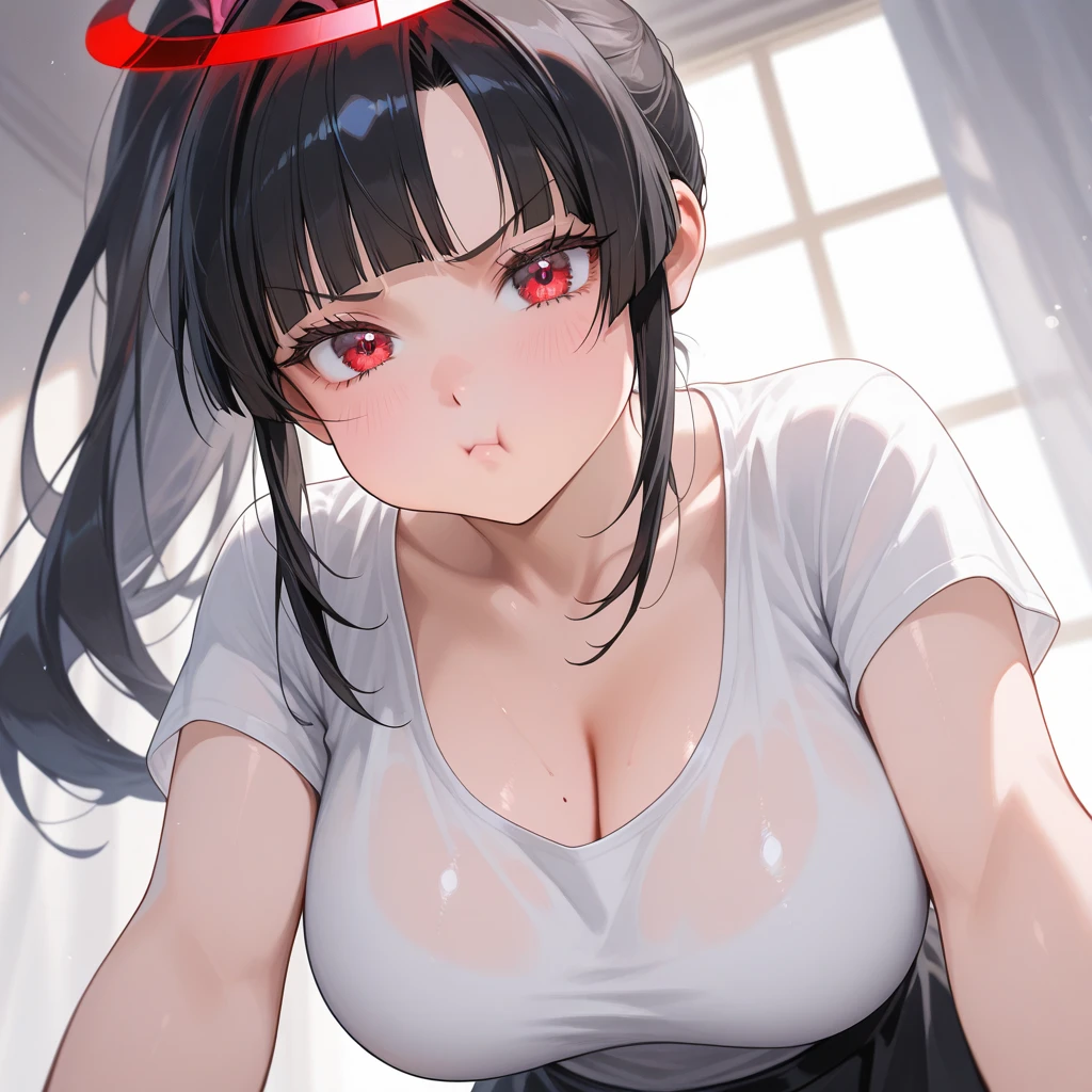 realisticlying、Two 45-year-old girls、T-shirt wearing,Face enhancement,Chest super large zoom,Cleavage emphasis,Looking up from the bottom,Blushing,Red lips,A sexy,Bed sit,Open your mouth wide、Put your arms around the back of your head、Wearing underwear,Approach here,Open your mouth wide