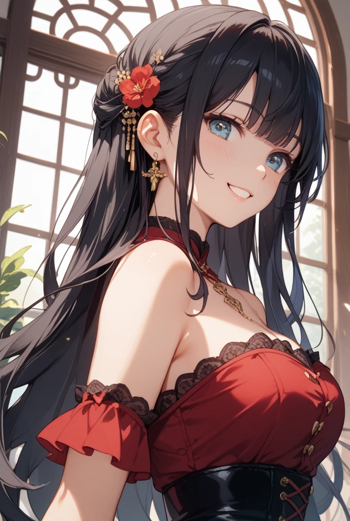 (((((Aerith Gainsborough:1.2)))))、,((Highest quality、masterpiece、anime style、best quality、high resolution、8k、detailed、ultra-detailed:1.3))、Long legs:1.2, Beautiful woman with perfect figure:1.4、(Smiling:1.2), double eyelid、30-year-old female、((((One Woman,beautiful face,Beautiful face,upper body:1.5)))),Big Breasts、High resolution, accurate, Anatomically correct, High-resolution model, high quality, Very detailed, Ultra high definition、Black Hair、Straight Hair、Long Hair、cabaret girl, hostesses,(((Evening Gowns,dress、Luxury、bedroom )))