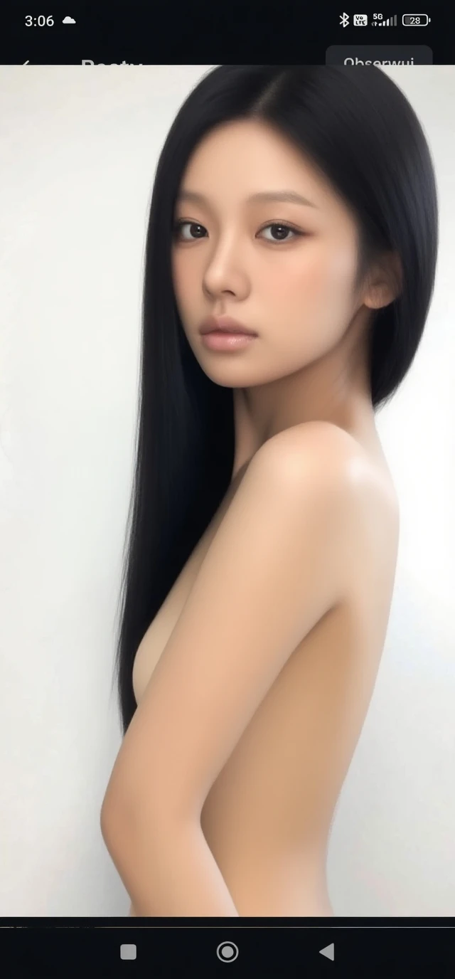 A girl with long black hair black eyes fully nude, semi realism, front view