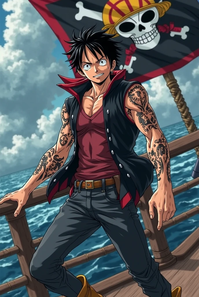 This art needs to be in anime style and One Piece style. A male teenager with tanned skin and well-muscled is wearing an open Navy jacket. He has a tattoo on his chest which is a skull with horns, two swords on either side and black roses. He is wearing brown pants with a belt with a skull buckle and boots. He is holding a flaming sword in his right hand. He has huge demon horns, demon wings bigger than his own body, and a sharp, long tail. He is on a pirate ship. He is also giving a big smile. His eyes are yellow.