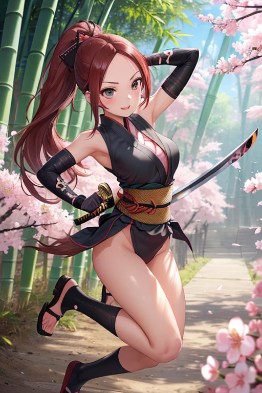 score_9, score_8_up, score_7_up, score_6_up, makise kurisu, red hair, long hair, dark-blue eyes, black pupils, BREAK (masterpiece:1.2), best quality, high resolution, (beautiful detailed eyes:1.3), perfect lighting, (perfect hands, perfect anatomy), 1girl, breasts, japanese clothes, large breasts, solo, weapon, sword, kimono, magatama, katana, sash, jewelry, thighhighs, cleavage, smile, obi, thighs, earrings, rope belt, ponytail, magatama necklace, wide sleeves, looking at viewer, white kimono, open mouth, necklace, detached sleeves, grey kimono, cherry blossoms, black thighhighs, holding weapon, holding, holding sword, long sleeves, bare shoulders, dragon print, weapon over shoulder