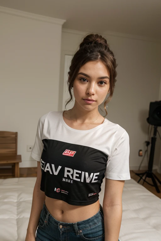 Femme en Tshirt court de couleur noir, ventre appareent, fond flou studio photo, selfie 8k, photo realiste
