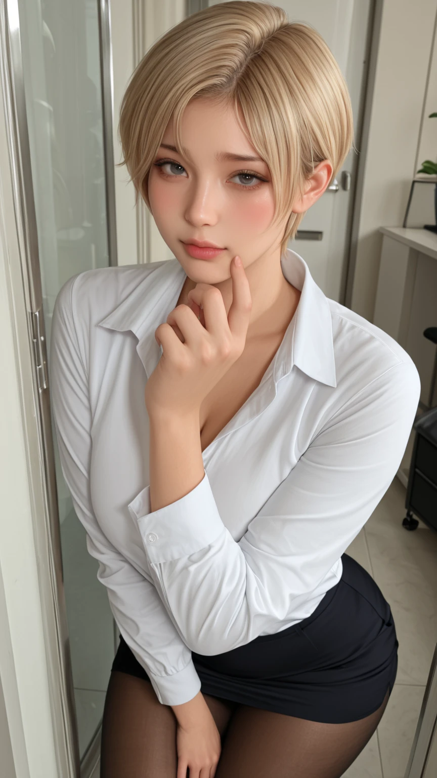 (8ก,high resolution,Masterpiece, best quality, alone, complicated details, Chromatic aberration), realistic, ((Moderate breath)), hair in one eye,purple eyes, big round hoop earrings, sharp eyes, Leather choker decorated with diamonds, 3 layer diamond necklace,(symmetrical eyes),(Perfect symmetrical body),Photo of a beautiful 21 year old teenage girl...,(fit the body) , Beautiful and charming with contemporary fashion paintings as well......., looking at the audience, ((Behind the scenes of a large classroom)), (black short skirt), ((The young woman wore a form-fitting white short-sleeved shirt...., Unbuttoning the buttons, Show your breasts.)), ((A short black pencil skirt with a deep slit on the side.....)), belt,university uniform, ((Put your hands down.)),Blonde hair, Bob, short hair, Side flatness, sit, sharp eyeliner, Blush eyeshadow with thick eyelashes, Very delicate and beautiful, round chin, Sharp focus, elegant,sit on the study table Lift one leg to eye level., The legs are slightly spread apart.....,dynamic gesture,((Dark blue short sleeve lab coat..)),university uniform ,small breasts,