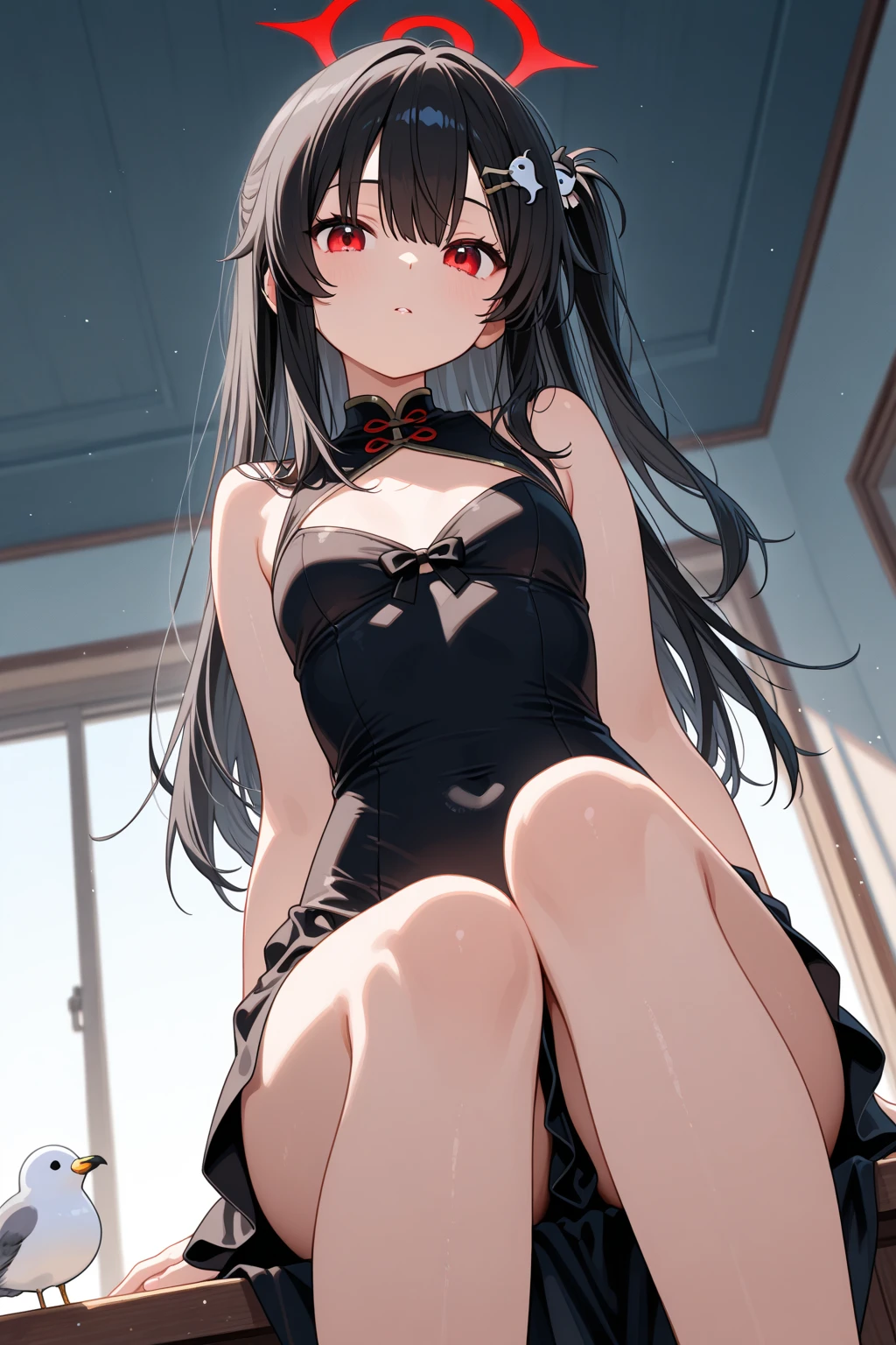 (masterpiece, best quality), 1girl, 16yo, realistic, black dress, red tie, goth, (red panties), upskirt, sprad legs, vibrant colors, abstract background, lines geometric, night, dark theme, high contrast, deep shadows
