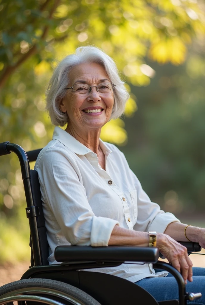 elderly woman with white hair in wheelchair, beautiful smile for photo, perfect smile