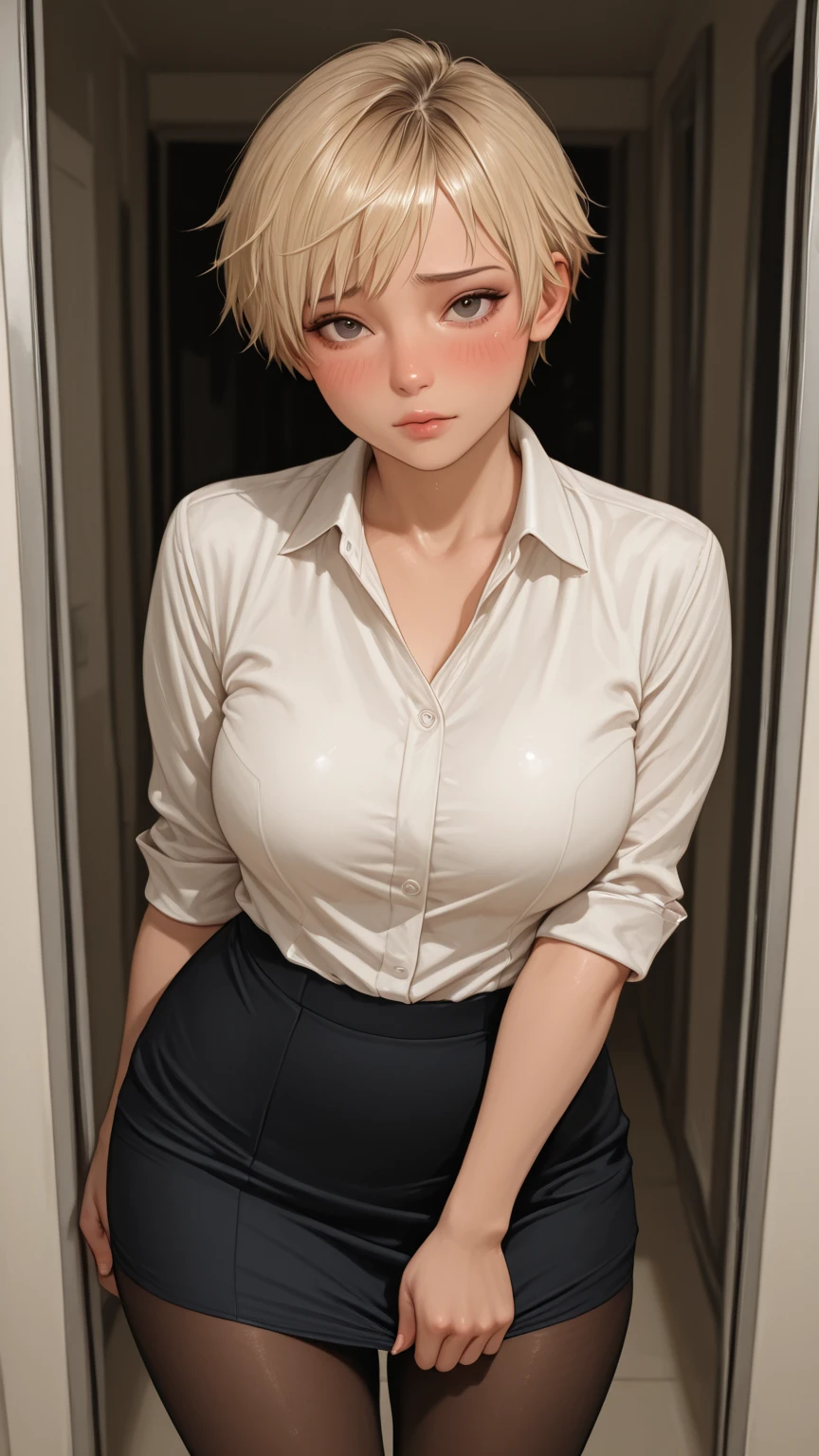 (masterpiece:1.2, best quality), 1girl, smirk, slim, slender, green eyes, sharp eyes, small_breasts, flat_chest, leaning forward, facing viewer, from below, white shirt, black pants, areola slip, <lora:downblouse-v1:0.6>, down blouse, embarrassed, very short blonde hair, ^ ^, office