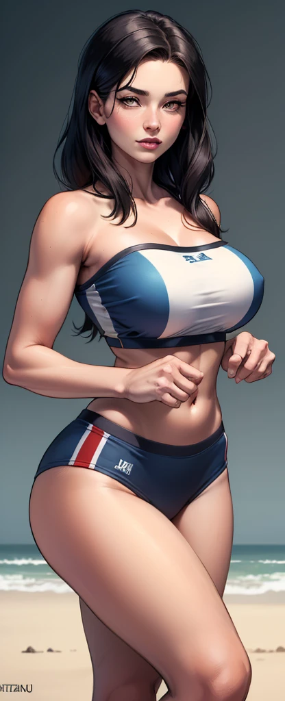 26 year old white woman、Hair is brunette、Eye color is blue、Longhaire、Slender but well-proportioned muscular body、My abs are cracked、I can see the belly button、a smile、Wearing a T-shirt with a logo printed on it、studio shoot、a smile、Chest Pochi