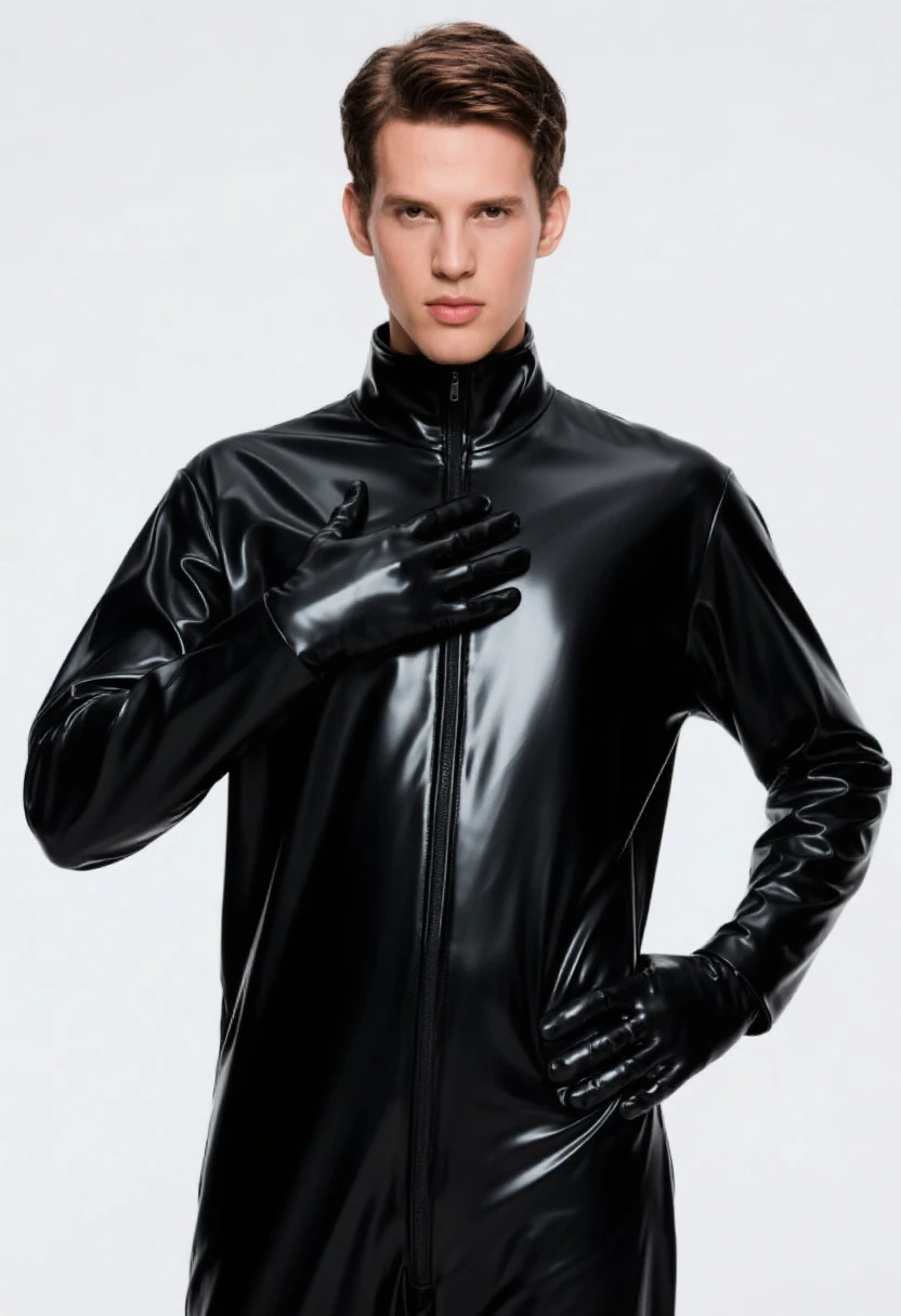 A handsome man wearing a tight black latex suit