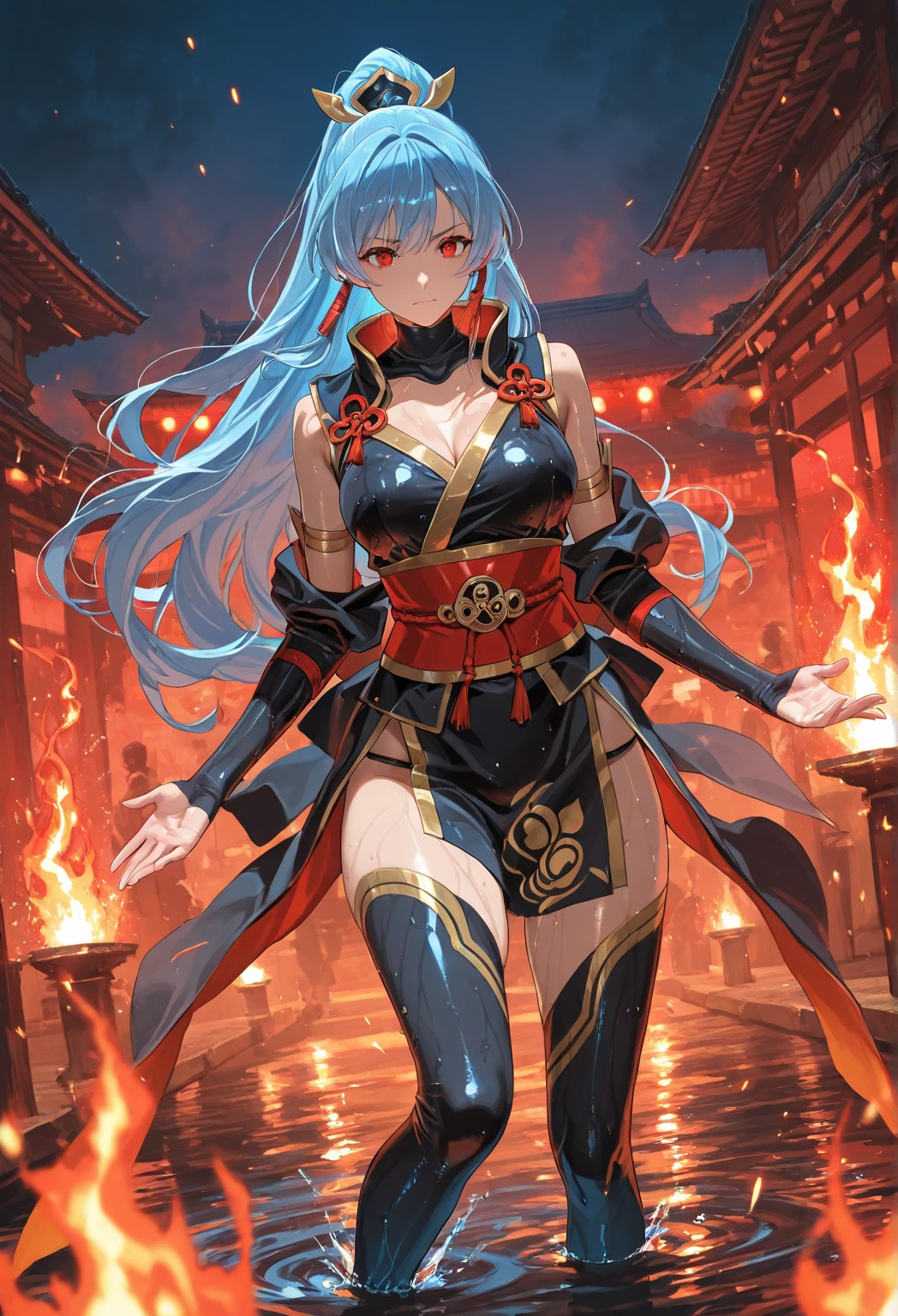 Miku Hatsune, High Definition, kitsune ears, tribal tattoo, flirtatious girl, Small breasts add_detail, wizard girl add_detail, sensual pose, ????? girl add_detail:1 japanese shrine costume add_detail
