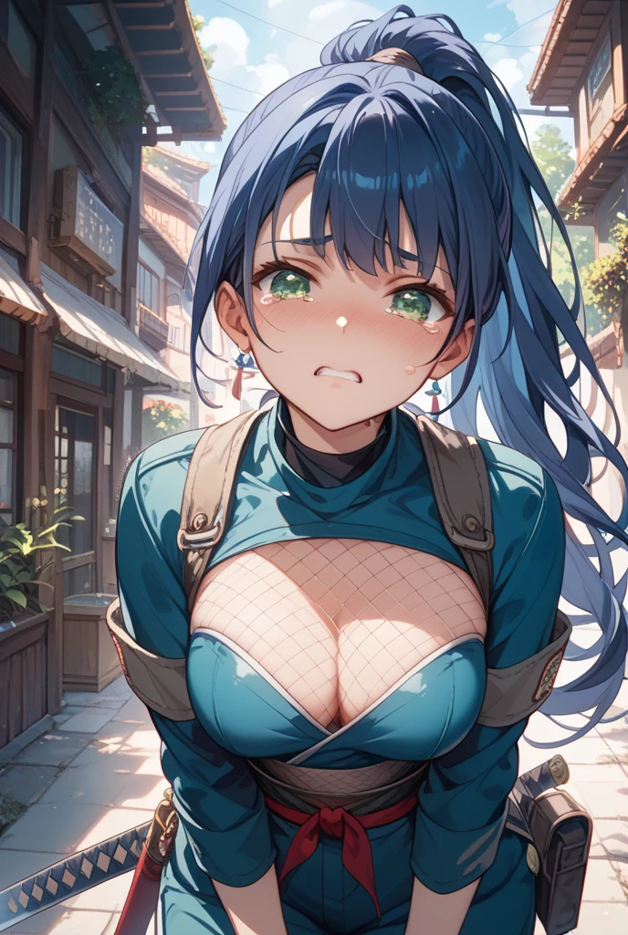 High detailed, 1 anime girl, celeste-blue hair, sarcastic expression, pit Black eyes, 2 toned hair, large hair, sarcastic face, soviet uniform, big And round buson, large rifle in Hand, chunky body