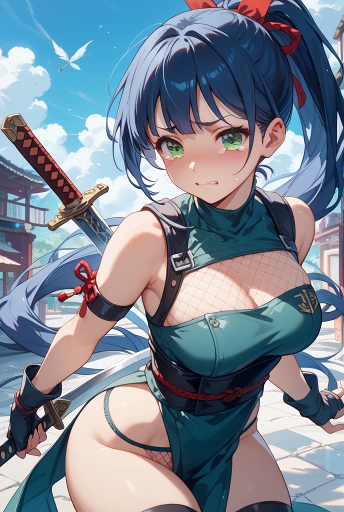 ninjartist,huge-breasted、holding a katana、From the top、looking-down、Running