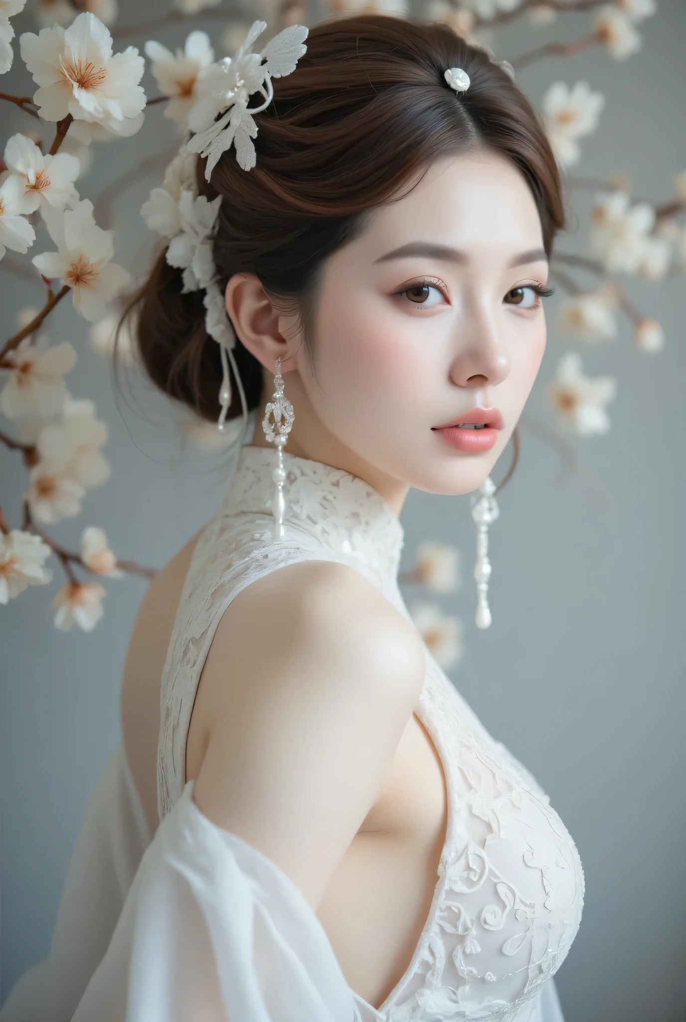 (Perfect sexy body, delicate face, best image quality: 1.2), Beautiful Korean female model, looking at the viewer, long single bun hairstyle, woman wearing translucent Vietnamese white Ao Dai, sexy pose, woman wearing white Ao Dai.