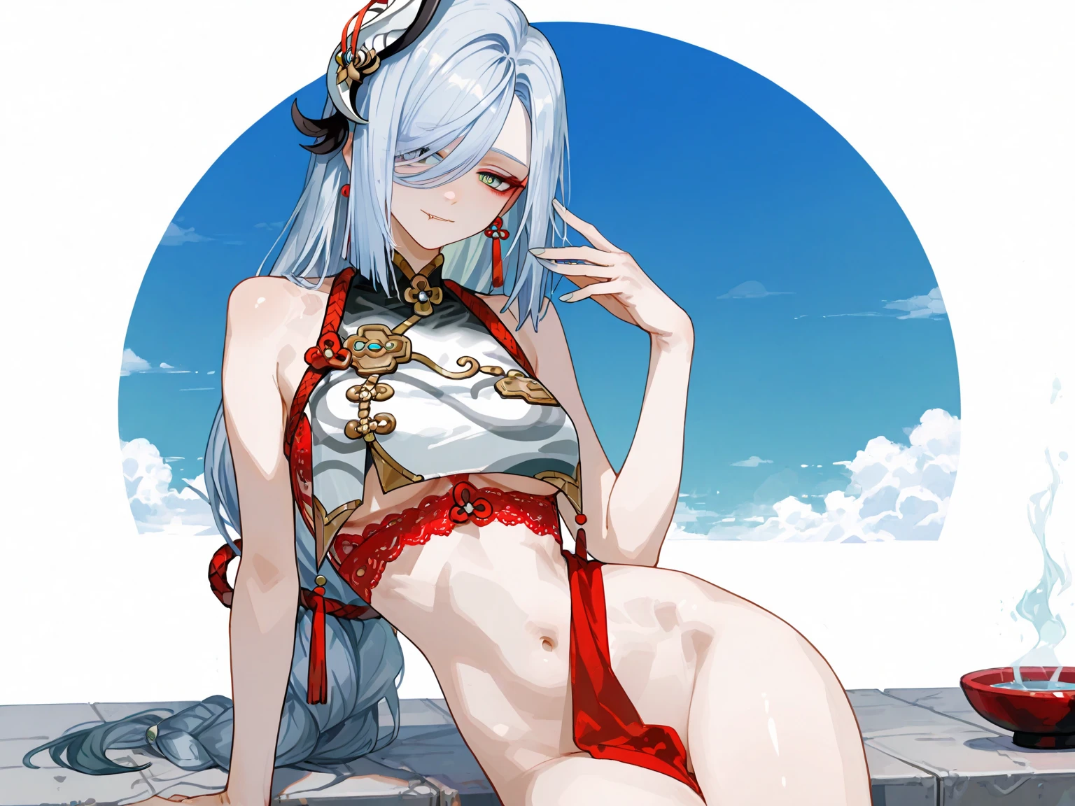 blue hair, ponytail, brown eyes, breasts, epic art, fantasy, breasts, 1girl, navel,  looking_at_viewer, solo, thighs, from_below,  blush, large_breasts, indoors, convenient_censoring,  ribbon, "long shot scenic professional photograph of {prompt}, perfect viewpoint, highly detailed, wide-angle lens, hyper realistic, with dramatic sky, polarizing filter, natural lighting, vivid colors, everything in sharp focus, HDR, UHD, 64K", anime coloring, anime screencap, sweating, steaming body, fog