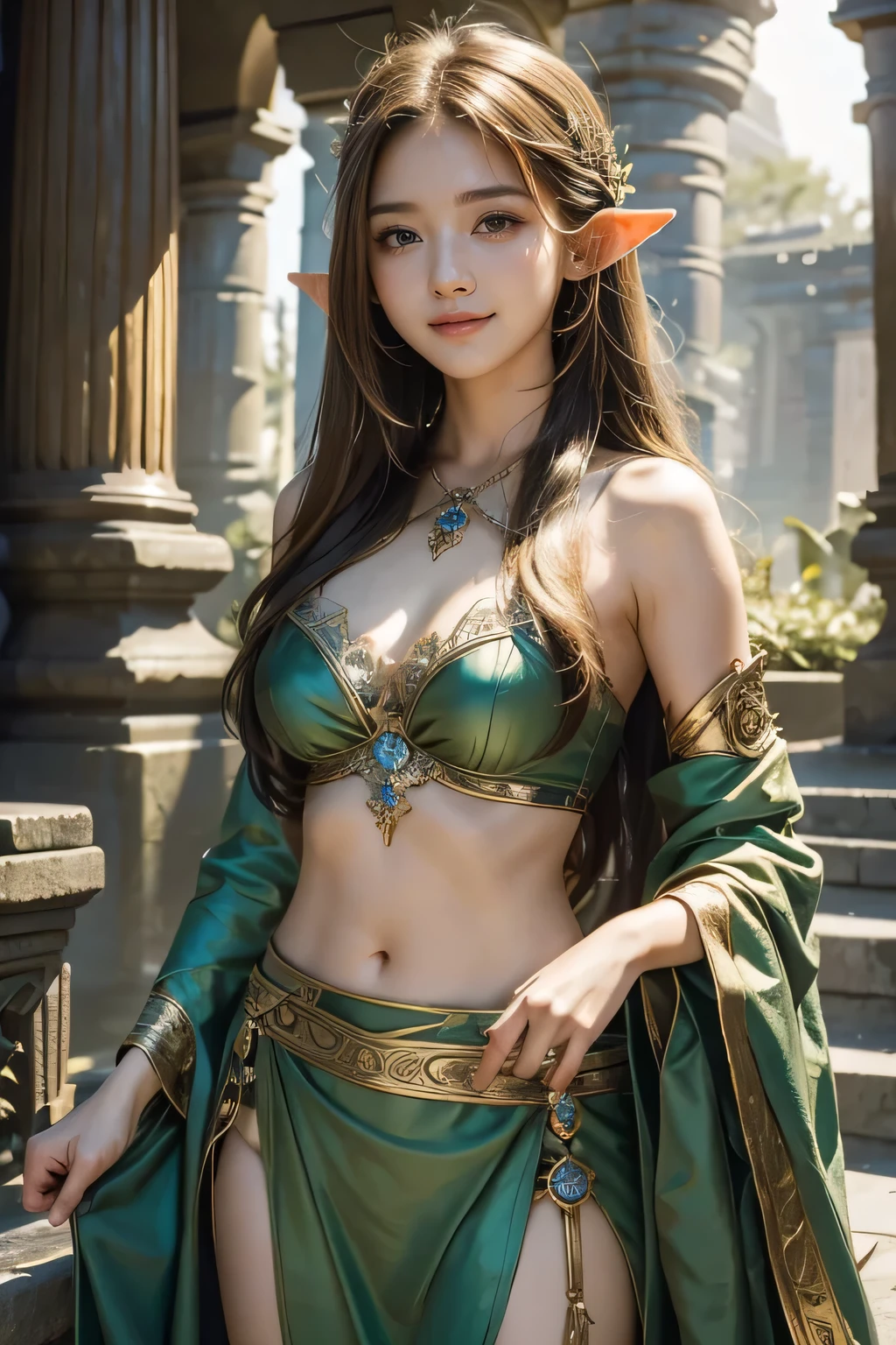 best quality, masterpiece, ultra high res, (photorealistic:1.8), detailed skin, etherial, elf ears, huge mansion, gold walls, climbing ivy, glowing, busty, cleavage, mystical, foggy, translucent
