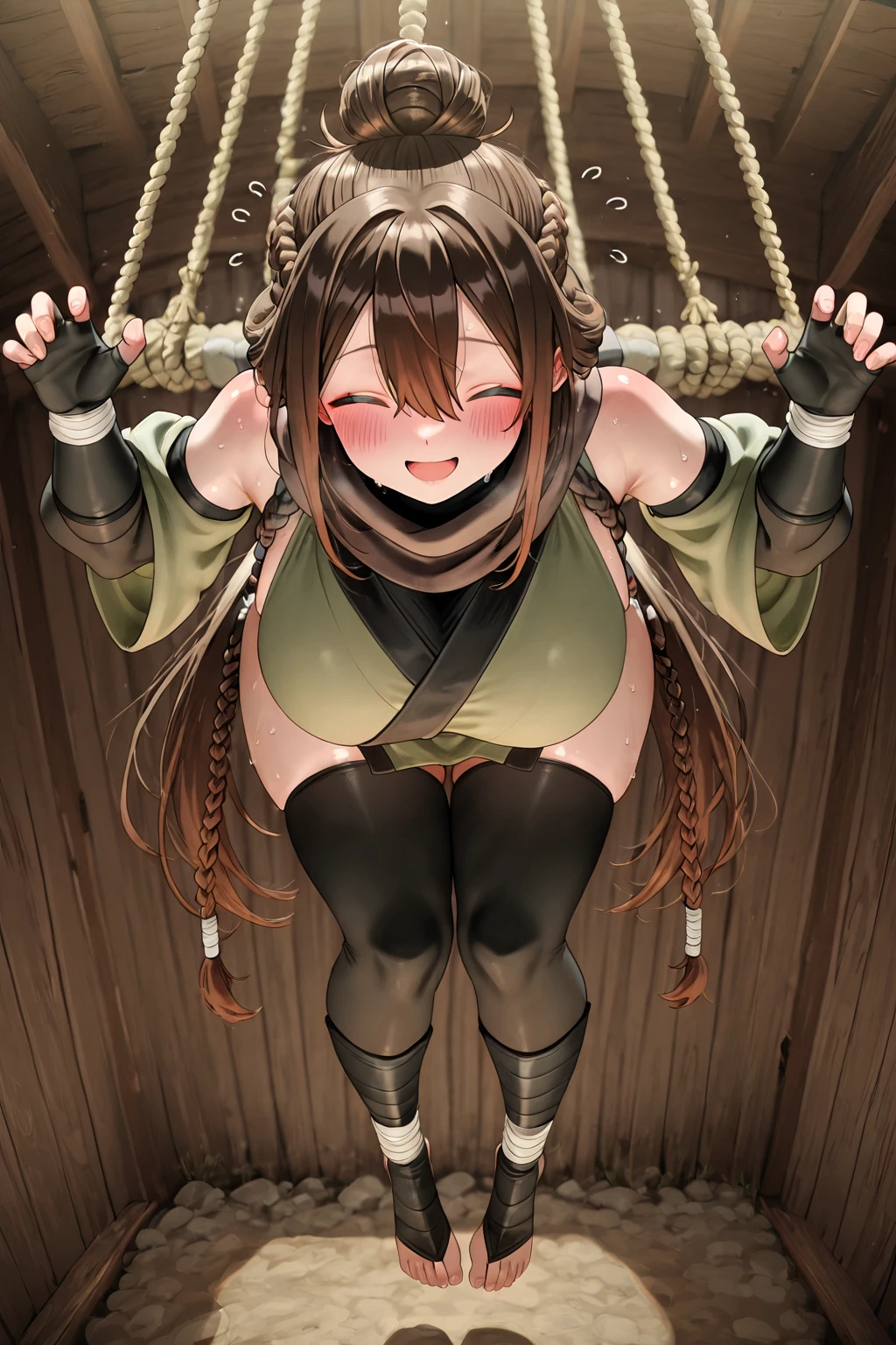 Italian girl with very long brown hair, busty, slim, slave collar, tied with chains, body surrounded by bondauge ropes, underground prison cell, green light, on her knees