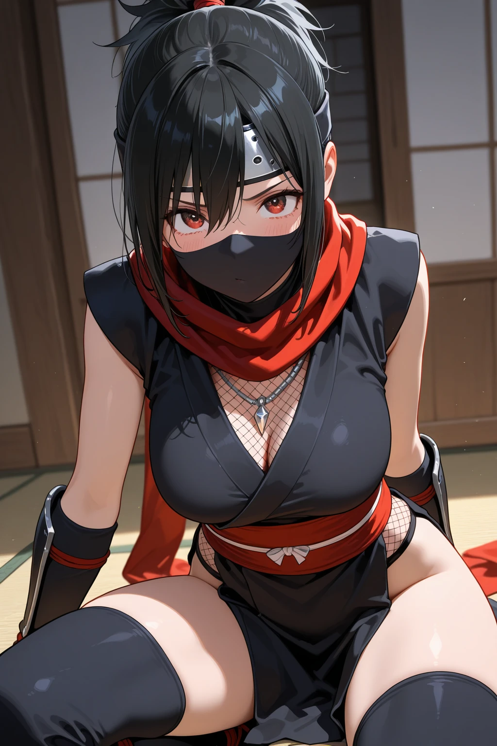 It's ninja female, Black ninja robe and head covering to cover the face like a ninja, Big breasts and big, tight thighs, black hair,