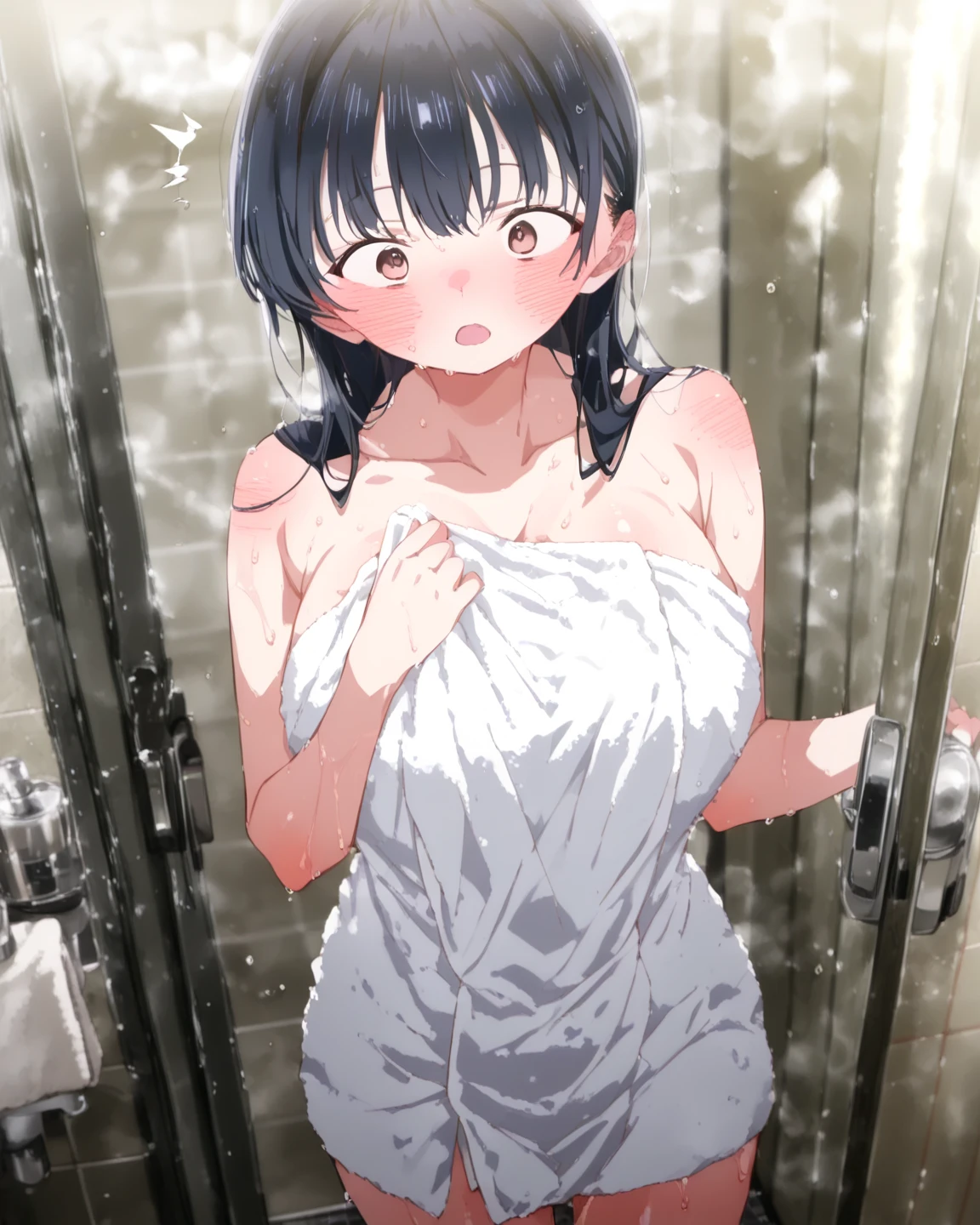 sajouayaka, black hair, short hair, Blue eyes, empty eyes, large breasts, nipple, Walking, Hospital, frozen, wet, crying, Naked, (1girl) Blank look, Peeing, lactation, projectile lactation