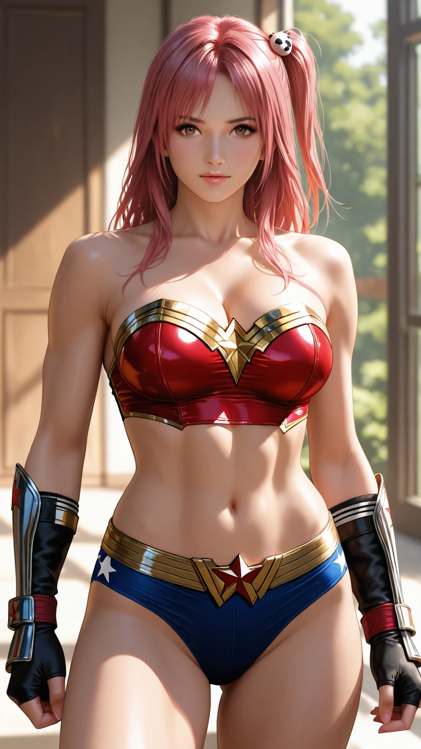 Scarlett Johansson, (bandage:1.3), beautiful body, beautiful breasts, shorts, cosplay Wonder Woman, shot on dslr, detailed face, cinematography, maximum details, neutral colors, hdr, muted colors, soft cinematic light, insane details, intricate details, hyperdetailed, masterpiece, 8k, wallpaper, (detailed), hdr, high quality, ((high detailed skin, skin details)), sharp focus, 8k uhd, dslr, high quality, film grain