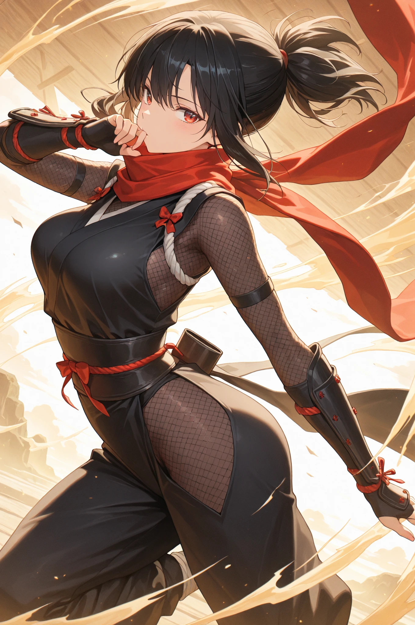 absurdres, highres, (official art, beautiful and aesthetic:1.2), ultra detail, beautiful person, mature female, 1girl, ninja, 
narrow waist, wide hips, choker,
black gloves, pelvic curtain, upskirt, white thong, pantyshot, thighhighs, 
Black_hair, Short_hair, (black_eyes:1.1), bare shoulders, sleeveless, black outfit, (red_scarf:1.4) around her neck, <lora:mai_shiranui_All_outfit-KK77-V3:0.6>,  <lora:jean_divineElegance:0.4>