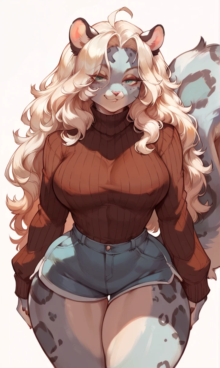 female anthro Snow leopard,Brown long fluffy hair, fluffy hair, squirrel ears, Snow leopard, big breasts, attractive, turtleneck sweater, turtleneck, thicc body, thicc, freckles, freckles on face, neutral expression, smug eyes, skirt, black skirt showing her panties, garter belt tights, she is standing (thick thighs:1.5) she is sitting, ((( offering the breasts))) sex partial clothes, legs spread