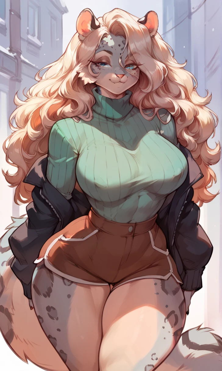 female anthro Snow leopard,Brown long fluffy hair, fluffy hair, squirrel ears, hyena, big breasts, attractive, turtleneck sweater, turtleneck, thicc body, black skirt, thicc body, thicc, freckles, freckles on face, neutral expression, smug eyes,  garter belt tights, looking at viewer, sitting on the table, front view, spreading legs showing her panties (thick thighs:1.5) 