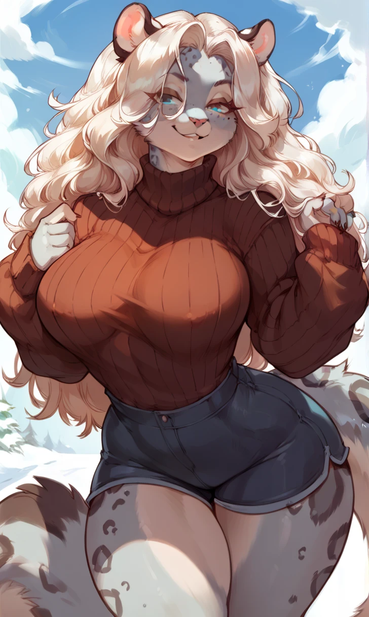 female anthro Snow leopard,Brown long fluffy hair, fluffy hair, squirrel ears, hyena, big breasts, attractive, knitted hole dress, thicc body, thicc body, thicc, freckles, freckles on face, neutral expression, smug eyes, garter belt tights, (thick thighs:1.5)   , bent over, (on knees)