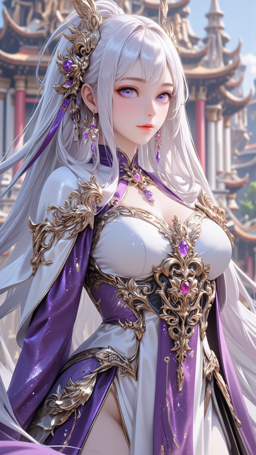 Masterpiece, Highest quality, Ultra-high resolution, Detailed, Beautiful female emperor, Clear skin, Beautiful appearance, It&#39;s as if she sees through the whole world, Beautifully detailed face, Beautiful Eyes, Wearing a luxurious white robe, Holding a long sword, Robes fluttering in the wind and silver hair blowing in the wind, The white robe perfectly complements her elegant figure., The attitude is calm and idyllic, Like a perfect fairy